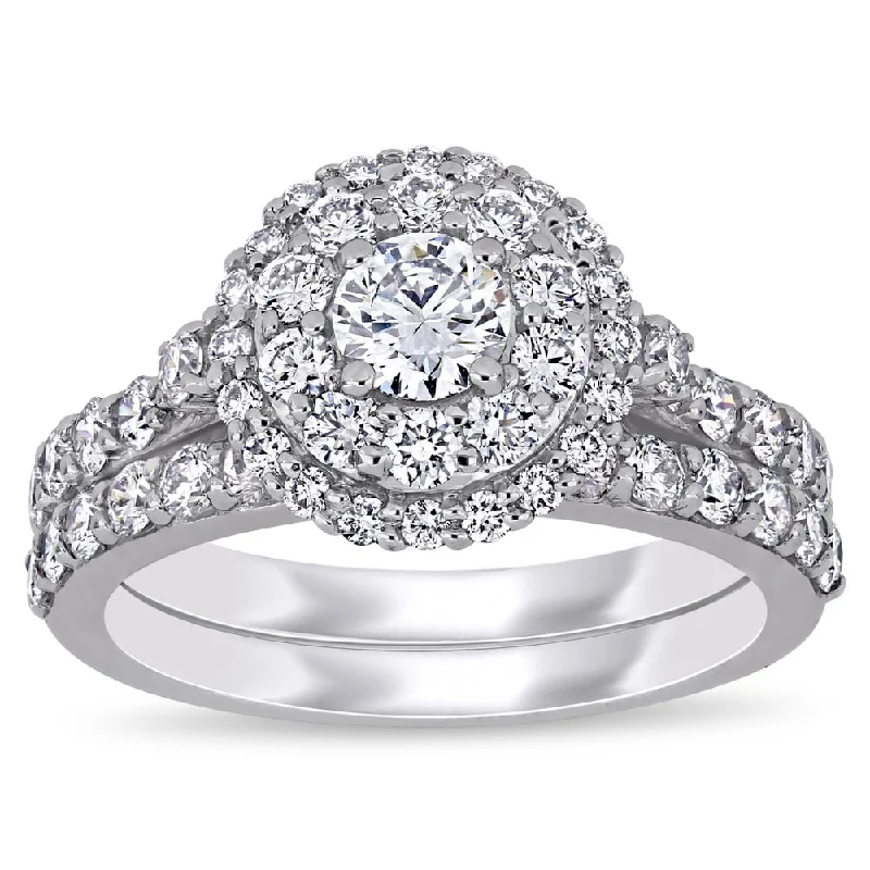 custom rings for women -Eternally Yours 1 3/4ct TW Lab Created Diamond Double Halo Bridal Ring Set in 14k White Gold