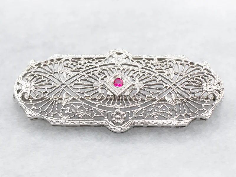 intricate brooches for women -Art Deco Synthetic Ruby Filigree Brooch