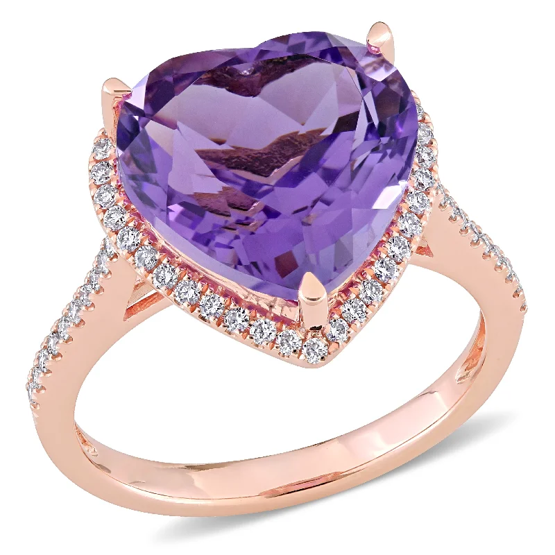 gold plated rings for women -Miadora 6 1/2ct TGW Heart Shape Amethyst and 1/3ct TW Diamond Halo Ring in 14k Rose Gold