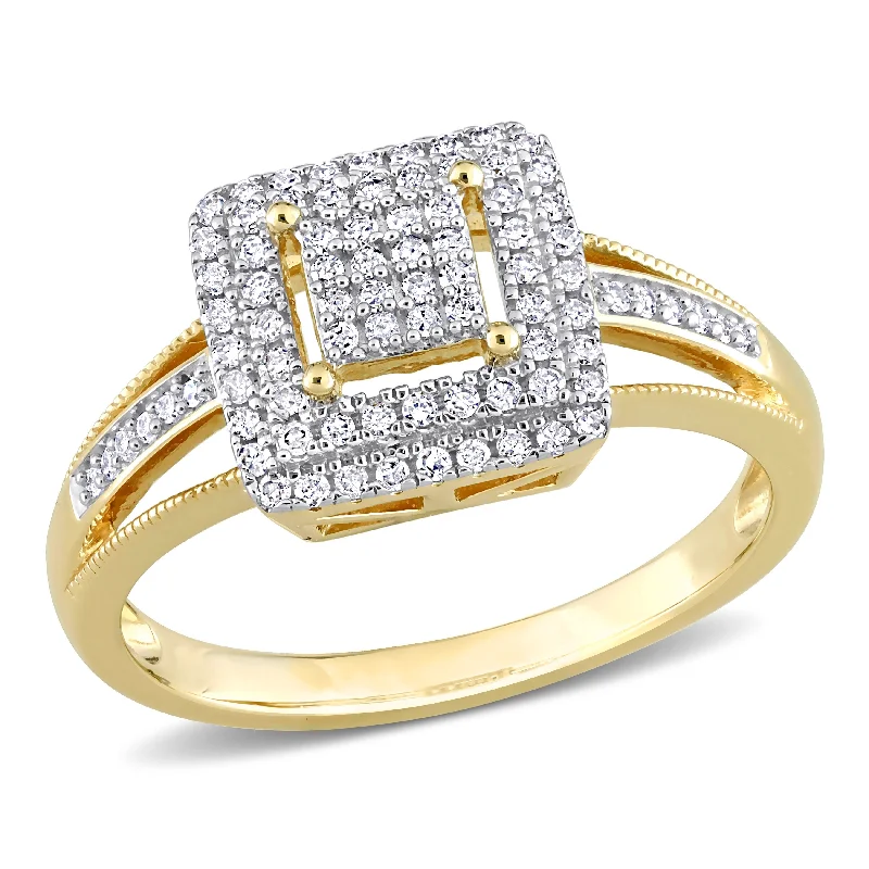 fashion engagement rings -Miadora 1/4ct TDW Diamond Double Halo Square Cluster Ring in 10k Yellow Gold