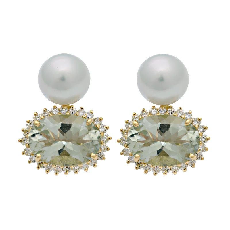 simple gold earrings for women -Earrings-Green Quartz, South Sea Pearl and Diamond