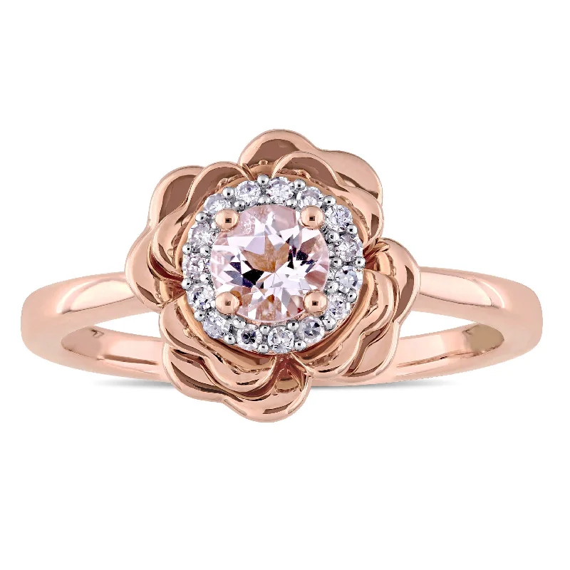 diamond rings for women -Miadora 10k Rose Gold Morganite and 1/10ct TDW Diamond Halo Flower Ring (G-H, I2-I3)