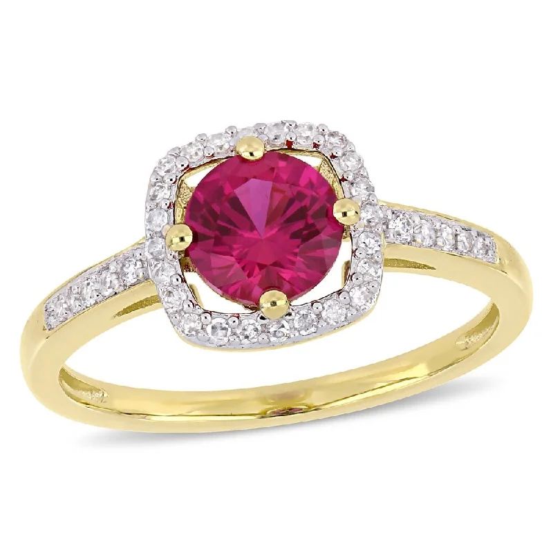 eternity rings for women -Miadora 10k Yellow Gold Created Ruby and 1/7ct TDW Diamond Floating Square Halo Ring