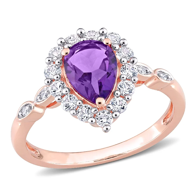 gold rings for women -Miadora 10k Rose Gold Amethyst, Created White Sapphire and Diamond Accent Teardrop Halo Ring