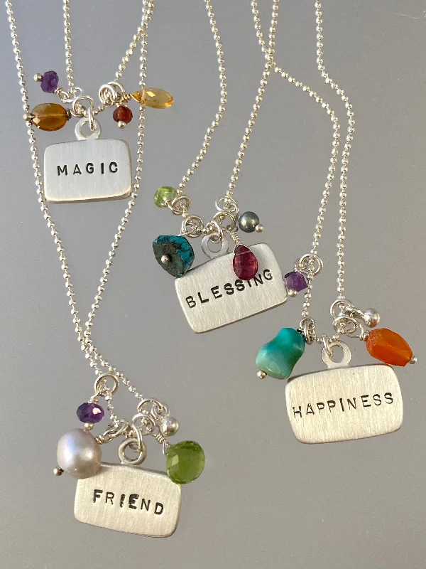 gemstone drop necklaces -Sterling Silver Love Beads Tag Charm Necklace