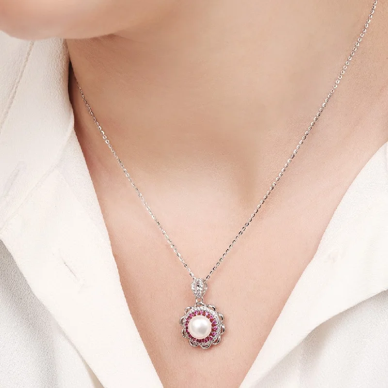 delicate necklaces for women -Pearl Blossom CZ Harmony Rhodium-Plated 925 Sterling Silver Necklace