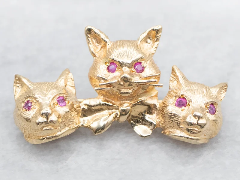 statement brooches for women -Gold Cat Brooch with Synthetic Ruby Eyes