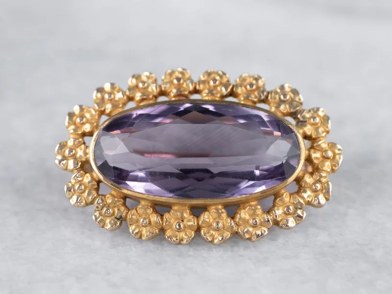 crystal flower brooches -Gold Floral Amethyst Brooch