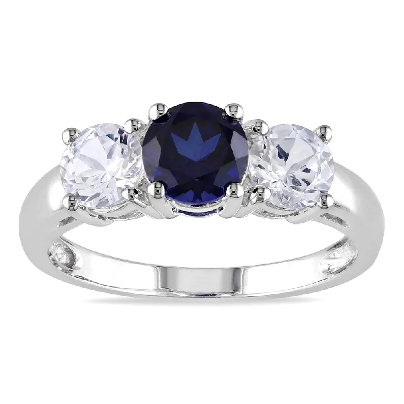 custom rings for women -Miadora 10k White Gold Created Blue and White Sapphire 3-stone Ring