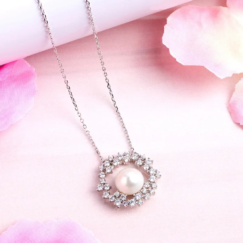 personalized heart necklaces -Pearl Petal Radiance Rhodium-Plated 925 Sterling Silver Necklace