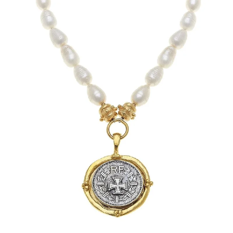 gold pendant necklaces for women -Cross Coin Pendant Necklace on Pearls