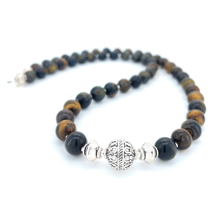 fashion necklaces for women -SHORT Tigers Eye & Silver BEADED NECKLACE