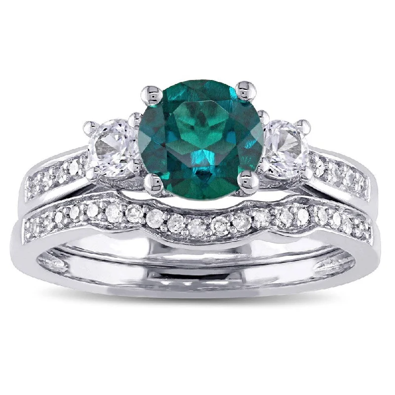 silver rings for women -Miadora 10k White Gold Created Emerald, White Sapphire, and Diamond 1/6ct TDW Bridal Ring Set (G-H, I2-I3) - Green