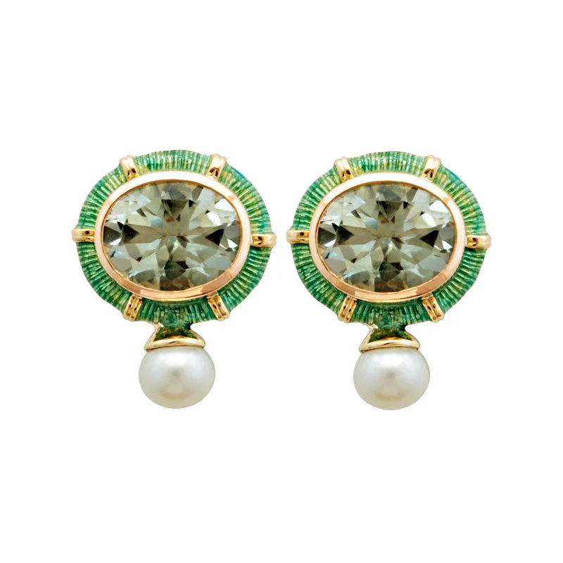 sapphire earrings for women -Earrings-Green Quartz and Pearl (Enamel)