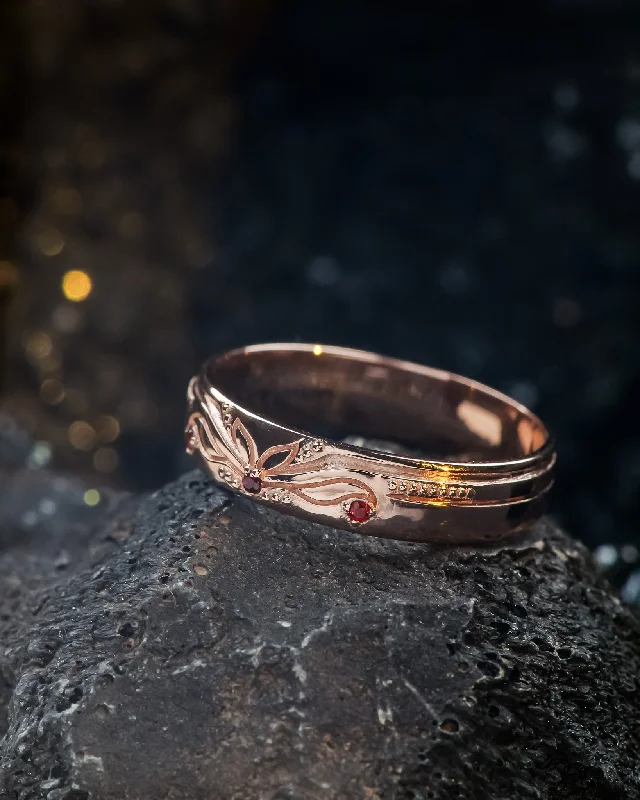 READY TO SHIP: Nature themed wedding band in 14K rose gold with accent garnets, RING SIZE 9 US