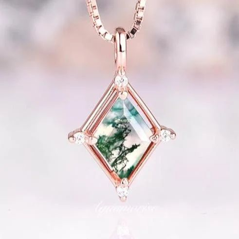 gemstone layered necklaces -Unique Kite Green Moss Agate Necklace- 14K Rose Gold Vermeil