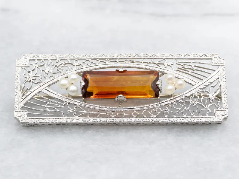 diamond brooches for women -Art Deco Citrine and Seed Pearl Filigree Brooch