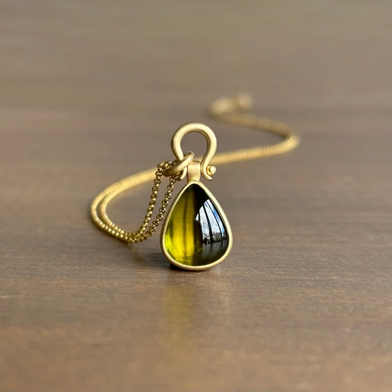 trendy long necklaces for women -Olive Tourmaline Cabochon Drop Pendant with Lyre Bail