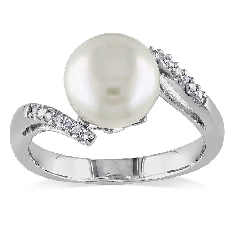 gold wedding bands for women -Miadora Sterling Silver Freshwater Pearl and Diamond Accent Ring (9-10 mm)