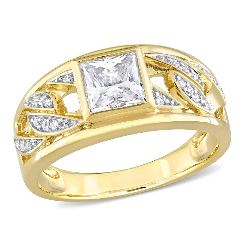 engraved rings for women -Miadora 1 1/3 CT TW Moissanite Mens Ring with Link Design in 10k Yellow Gold