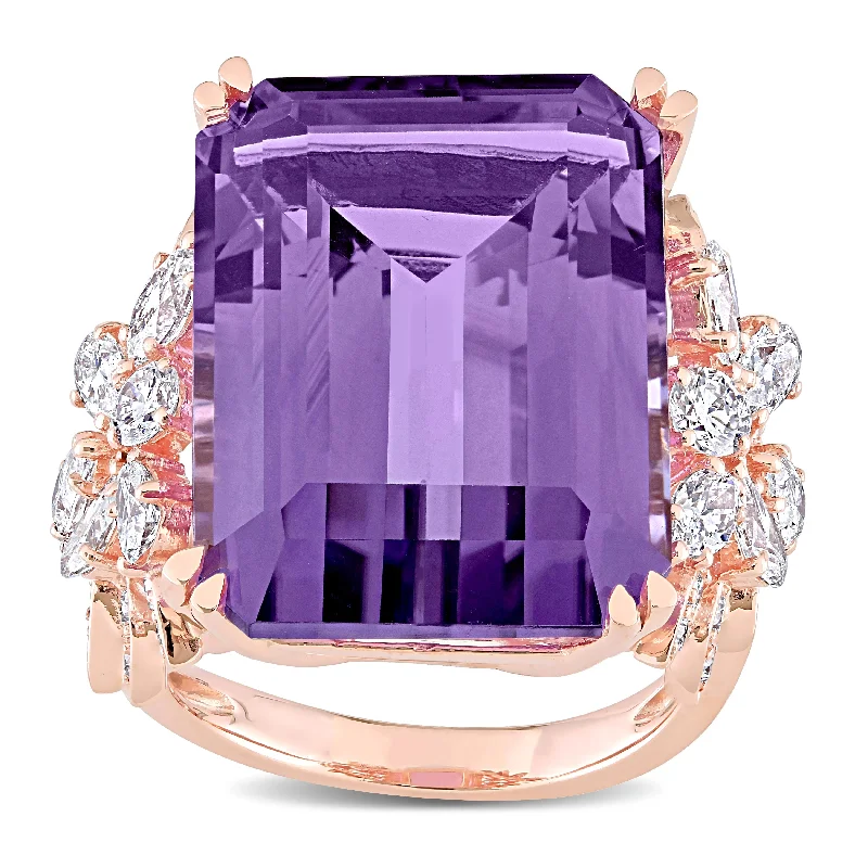 gold wedding bands for women -Miadora Rose Gold Octagon-Cut Amethyst and 1 3/4ct TDW Diamond Floral Cocktail Ring