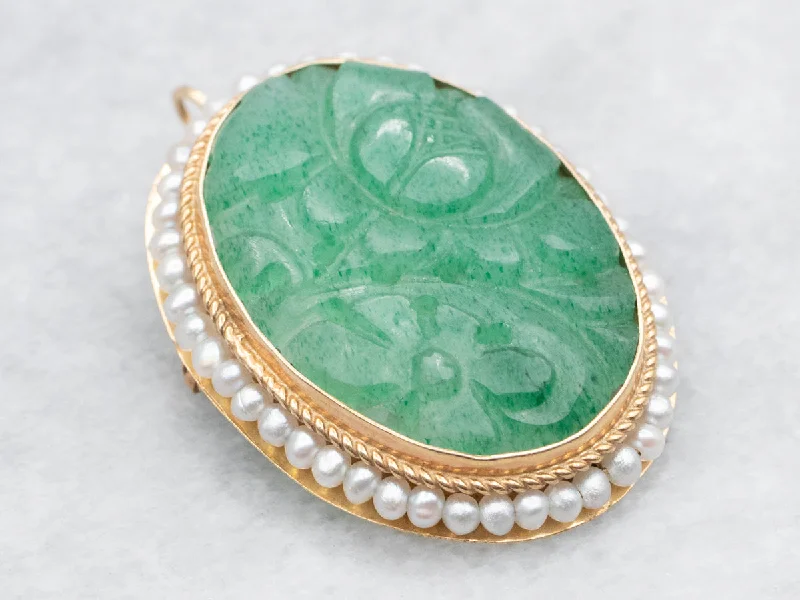 gold brooches for women -Carved Jadeite and Seed Pearl Brooch or Pendant