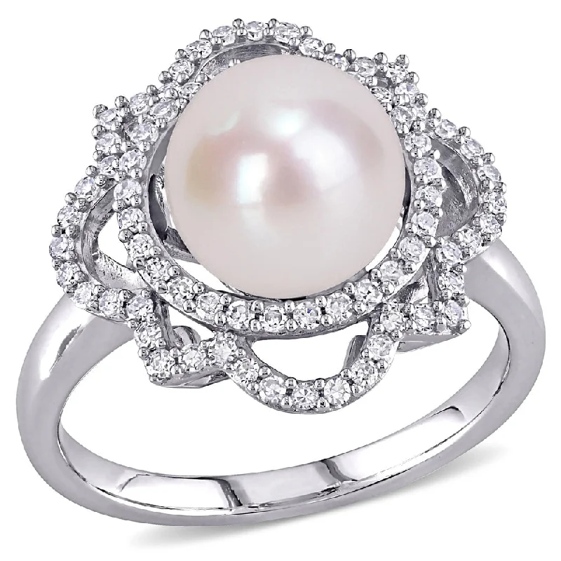 personalized rings for women -Miadora 14k White Gold Cultured FW Pearl and 3/8ct TDW Diamond Floral Halo Ring (9-9.5 MM)