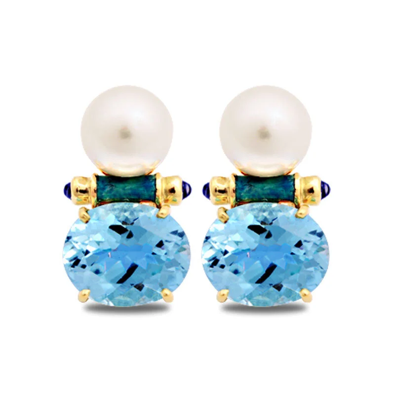 crystal earrings for women -Earrings-Iolite, Blue Topaz and South Sea Pearl (Enamel)