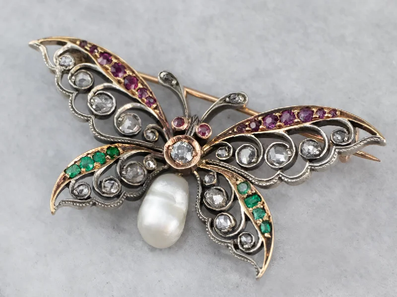 bridal accessories brooches -Art Nouveau Gemstone Butterfly Brooch