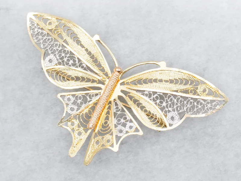 antique flower brooches -Pretty Gold Filigree Butterfly Brooch