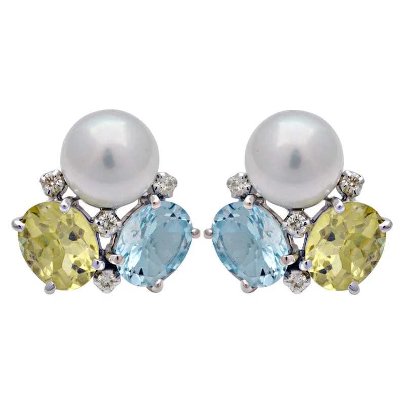 hoop earrings with diamonds -Earrings -Lemon Quartz, Blue Topaz, South Sea Pearl and Diamond