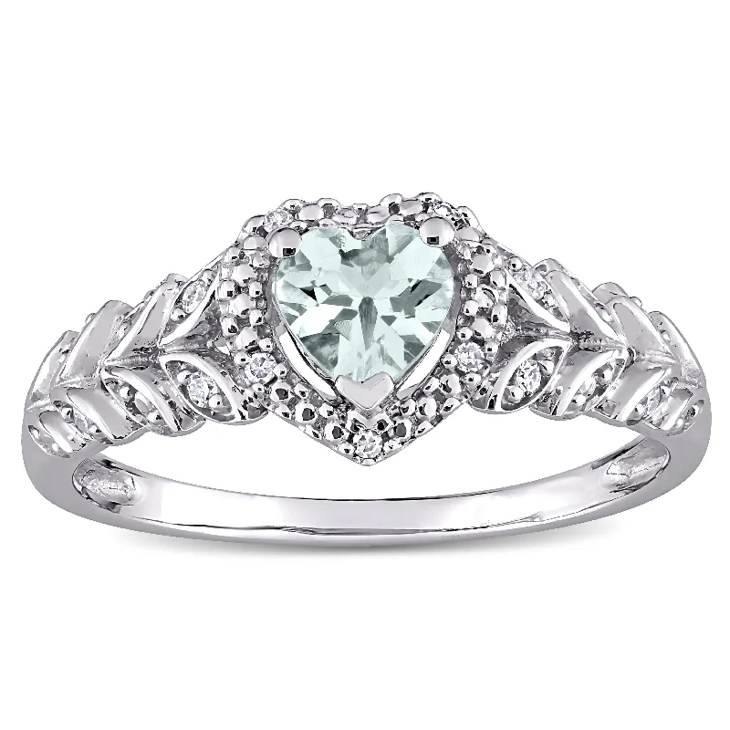 stackable rings for women -Miadora 10k White Gold Heart-cut Aquamarine and Diamond Accent Halo Heart Leaf Ring