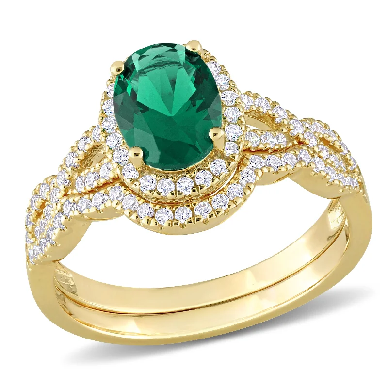 rose gold rings for women -Miadora 3 1/6ct TGW Oval-Cut Green and White Cubic Zirconia Halo Ring Set In Yellow Silver