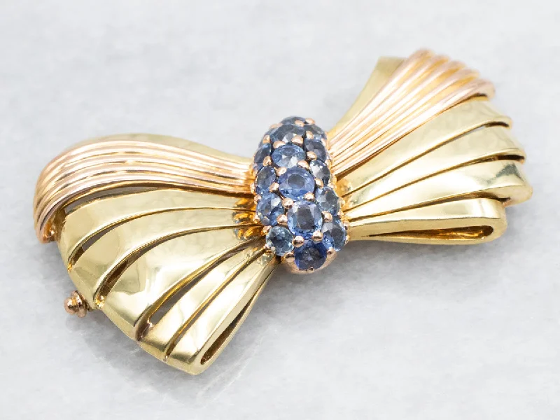 pearl brooches for women -Two Tone Sapphire Bow Brooch