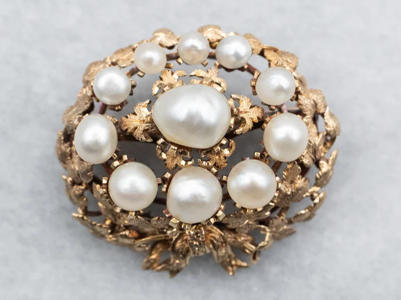 gold wedding brooches -Yellow Gold Pearl Cluster Botanical Brooch