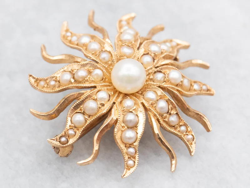 crystal brooches for dresses -Victorian Era Seed Pearl Sunburst Brooch