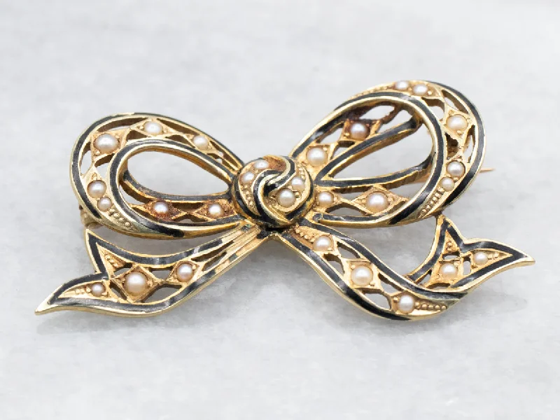 artistic brooches for women -Yellow Gold Enamel and Seed Pearl Bow Brooch