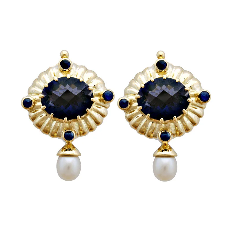 luxury earrings for women -Earrings-Iolite, Blue Sapphire and Pearl