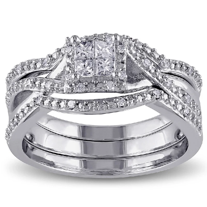 diamond rings for women -Miadora Sterling Silver 1/3ct TDW Princess and Round-cut Split Shank Diamond Bridal Ring Set