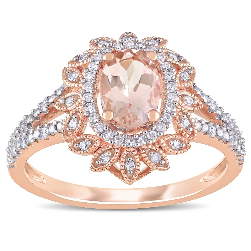 luxury rings for women -Miadora 10k Rose Gold Morganite and 1/5ct TDW Diamond Floral Halo Split Shank Ring