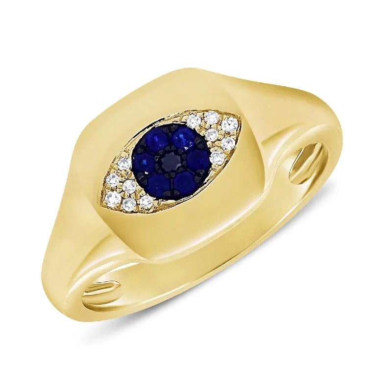 emerald rings for women -Joelle Diamond & Blue Sapphire Evil Eye Signet Pinky Ring 14k Gold