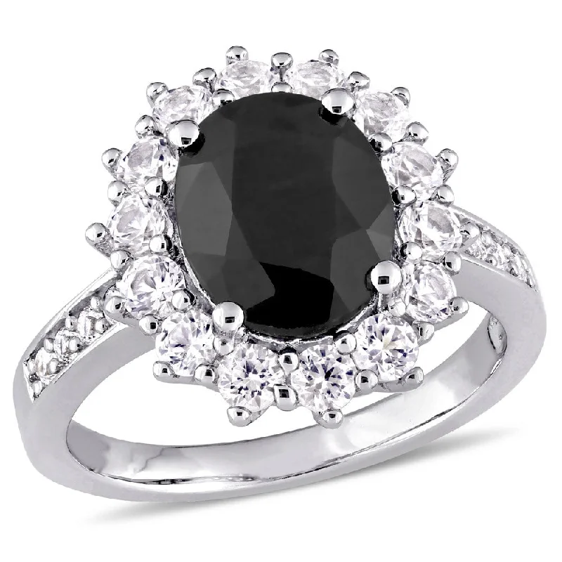 engraved rings for women -Miadora Sterling Silver Oval-Cut Black Sapphire and Created White Sapphire Halo Ring - Blue