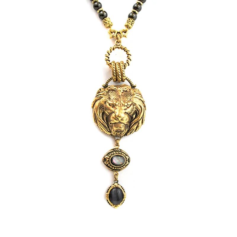 gemstone pendant necklaces for women -Gold Lion Head Necklace with Charcoal Drop