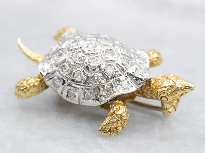 metal brooches for women -Two Tone Gold Diamond Turtle Brooch