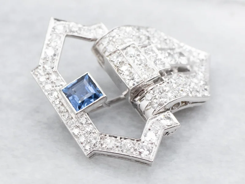 silk brooches for women -Square Cut Sapphire and Diamond Brooch