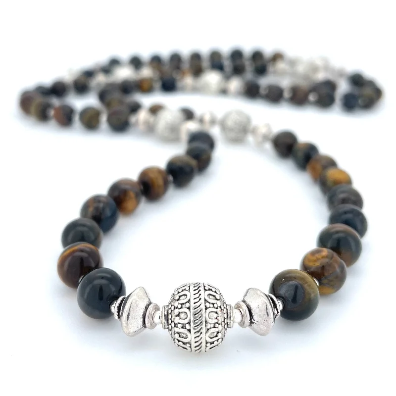 custom name necklaces for women -LONG Brown+Blue Tigers Eye & Silver BEADED NECKLACE