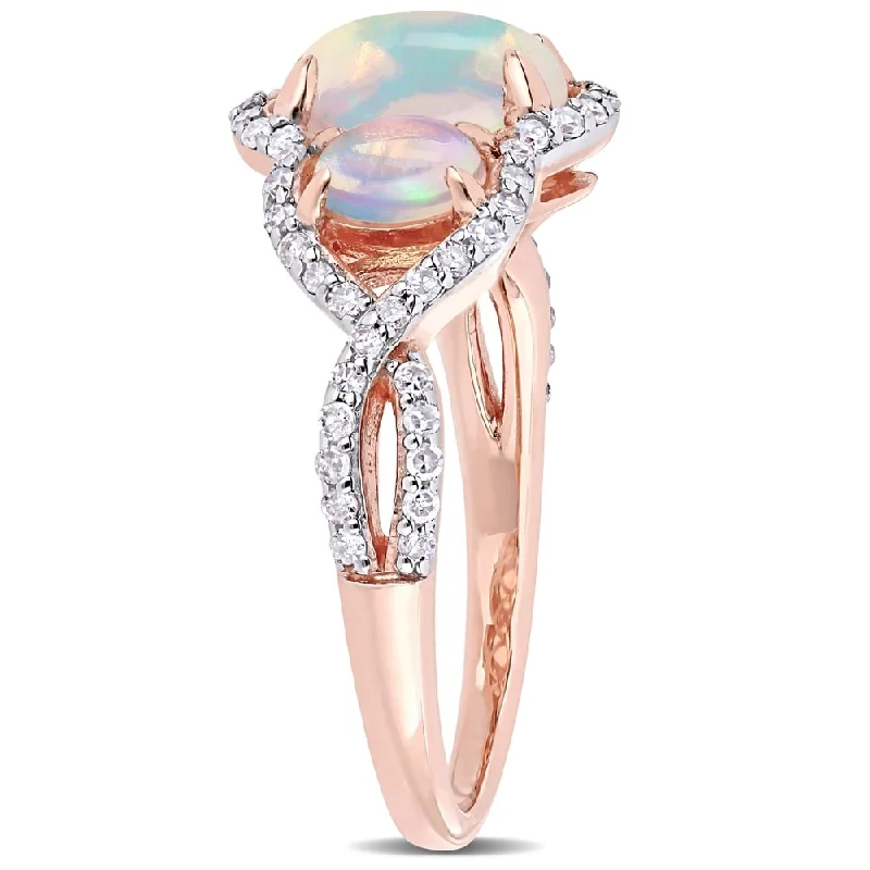 vintage engagement rings -Miadora 10k Rose Gold Oval-Cut Ethiopian Blue Opal & 1/3ct TDW Diamond 3-Stone Ring