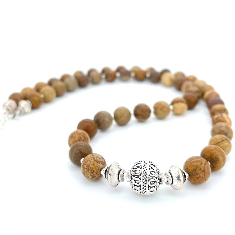 multi-strand necklaces for women -SHORT Picture Jasper & Silver BEADED NECKLACE