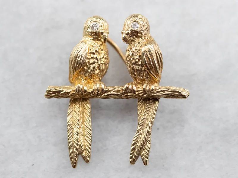 romantic brooches for women -Two Parrots Diamond Gold Brooch