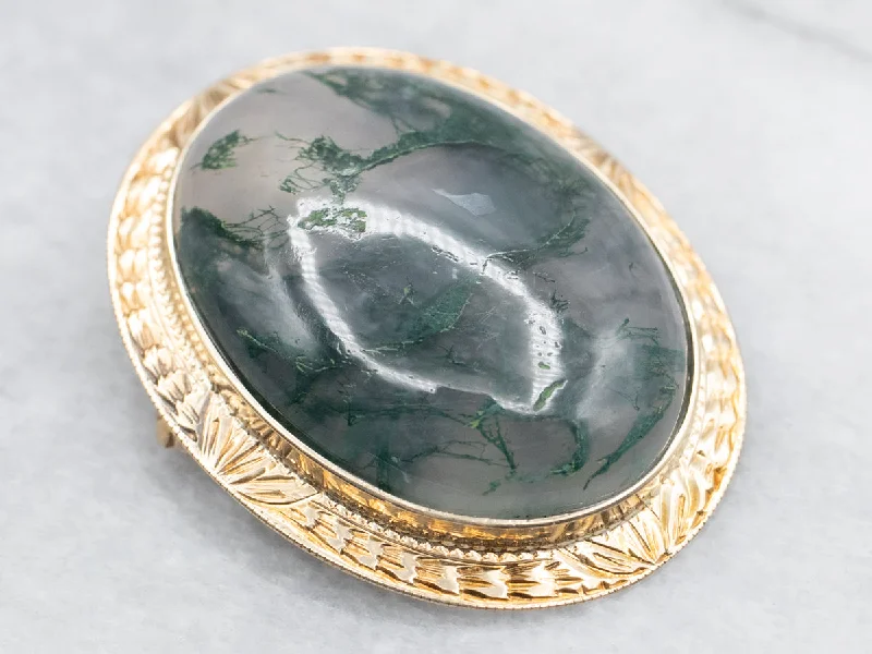 high-end brooches for women -Vintage Moss Agate Brooch or Pendant with Patterned Frame